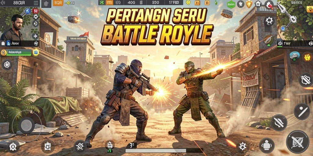Skrinsut gameplay 8QR yang menampilkan aksi pertarungan Battle Royale.