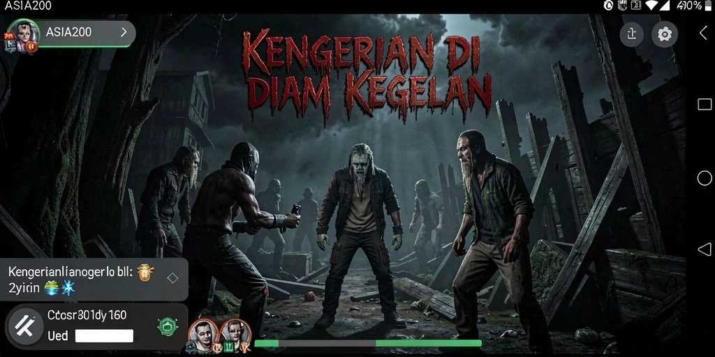 Screenshot gameplay ASIA200 menampilkan suasana menegangkan dan gelap.