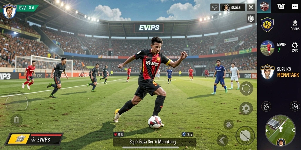 Tangkapan layar EVIP3 menampilkan aksi mendebarkan di lapangan sepak bola.