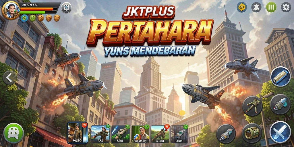 Tangkapan layar gameplay JKTPLUS menampilkan aksi Tower Defense yang seru.
