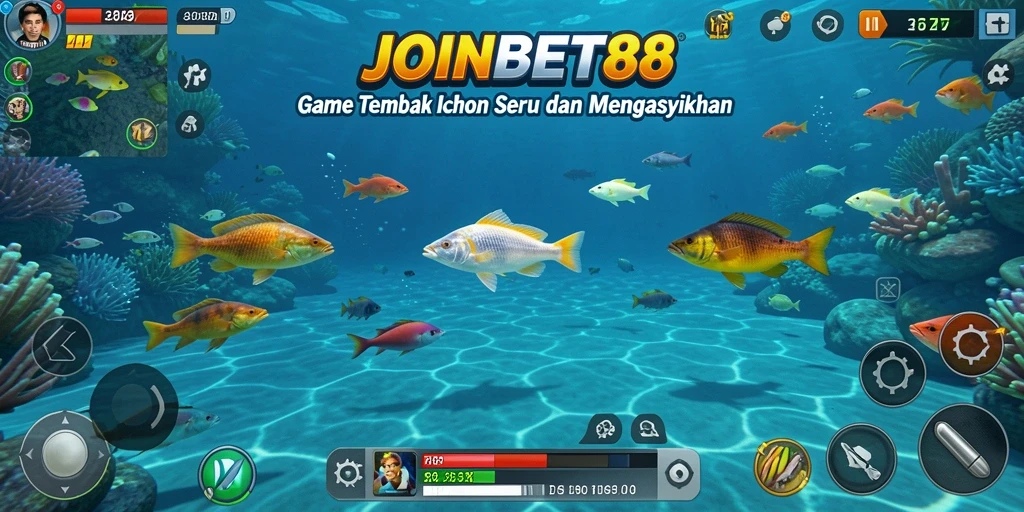 Tangkapan layar gameplay seru dalam JOINBET88 menunjukkan aksi menembak ikan.