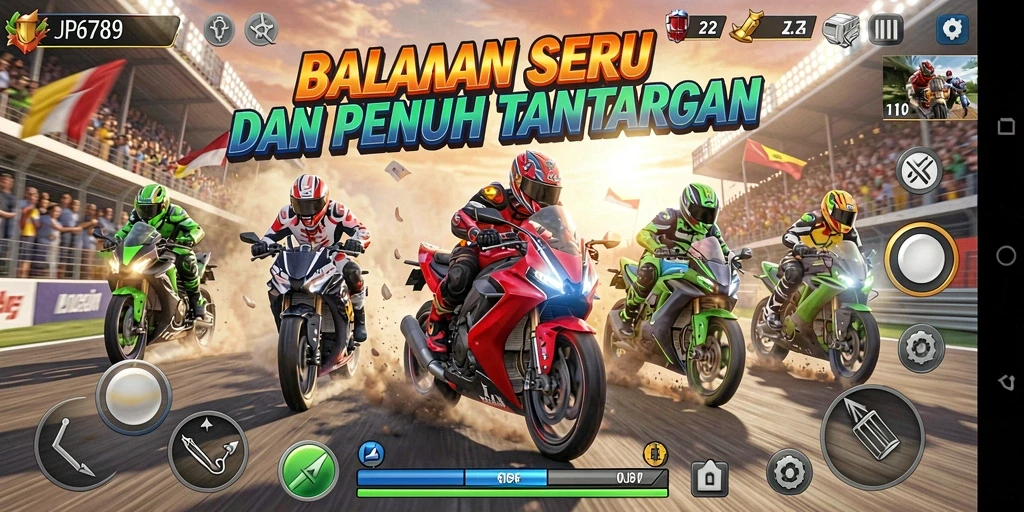 Gameplay menegangkan dengan balapan seru di trek penuh tantangan.