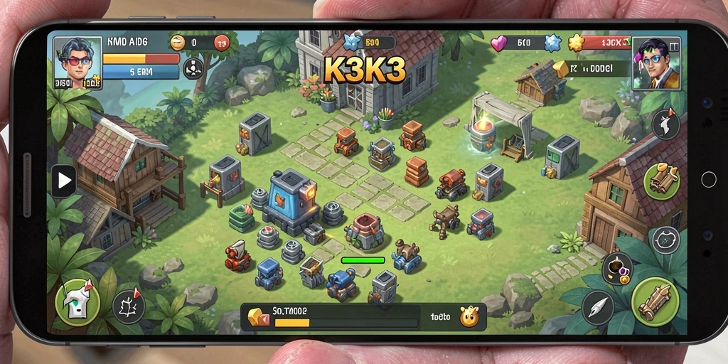 Screenshot gameplay K3K3 yang menunjukkan keseruan dalam mengelola sumber daya.