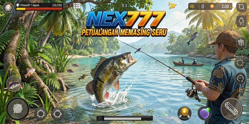 Tampilan gameplay NEX777 saat menangkap ikan di lokasi yang indah.