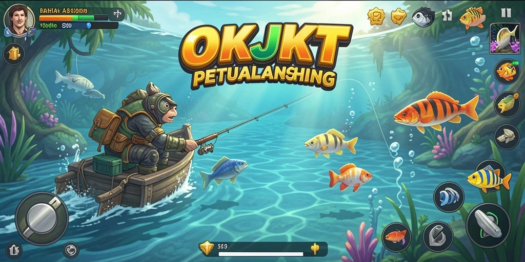 Tampilan gameplay OKJKT menampilkan aksi memancing yang menarik.