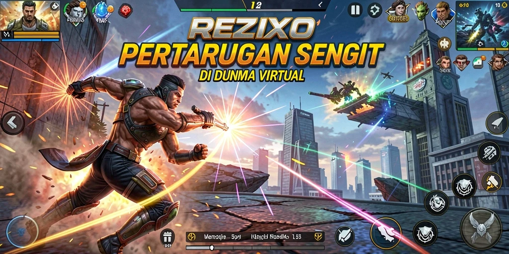 Screenshot gameplay REZIXO menampilkan aksi pertarungan yang intens.