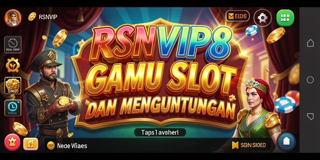 Tampilan gameplay RSNVIP8 dengan gulungan slot yang berputar.