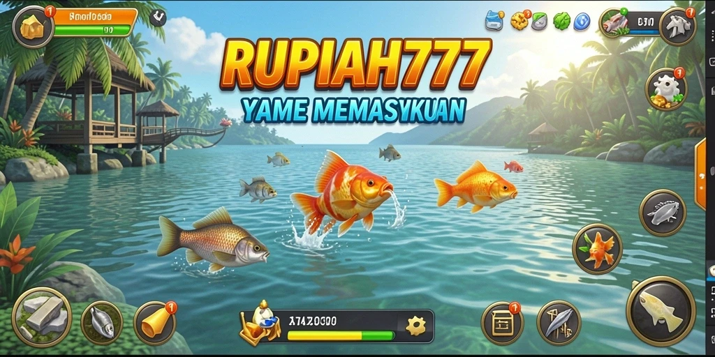 Screenshot gameplay RUPIAH777 dengan ikan yang cantik dan lokasi memancing yang indah.