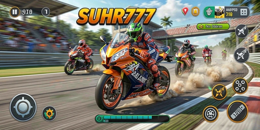 Tampilan gameplay yang mendebarkan dari SUHU777 saat balapan motor.